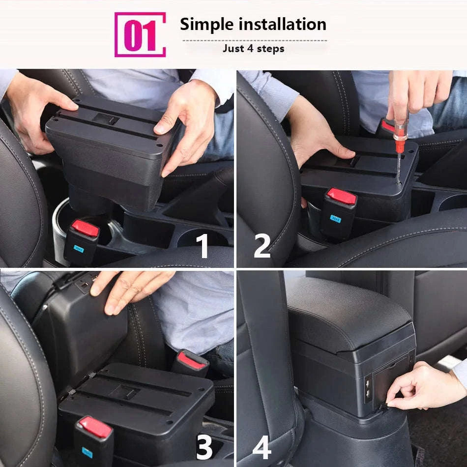 Car Armrest Box with Storage for 2011-2019-C1 Black red NO USB