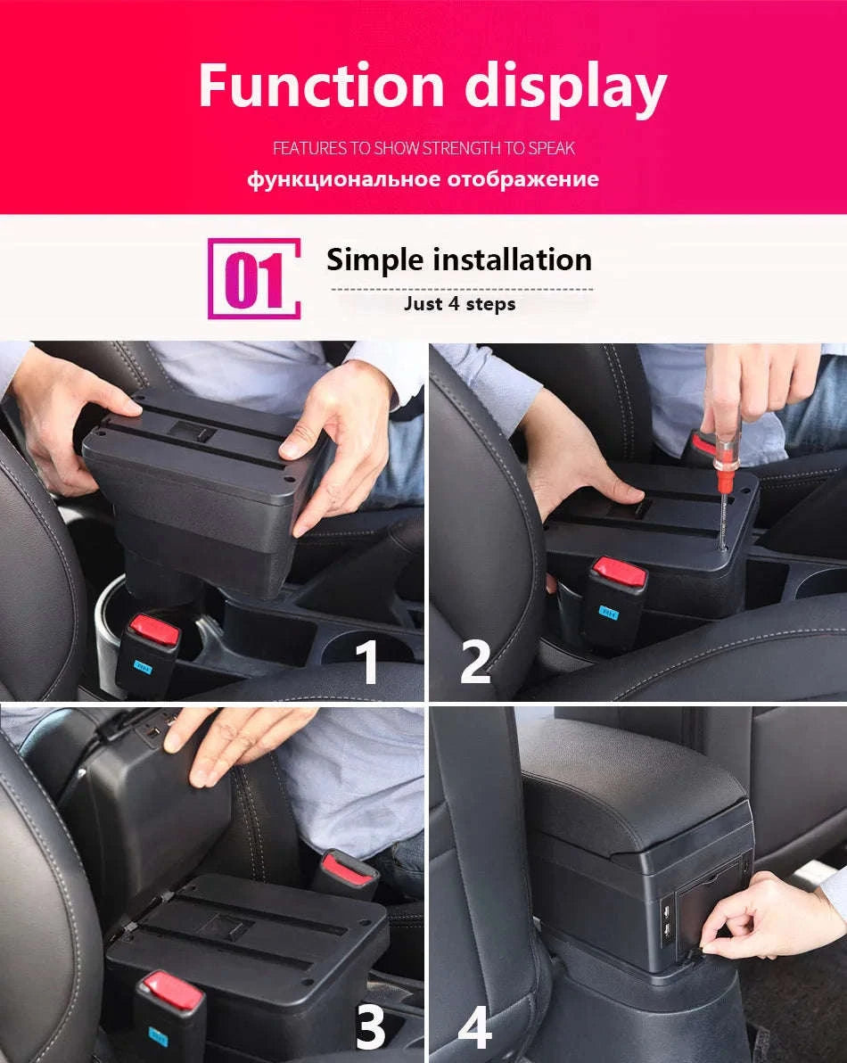 Car Armrest Box with Storage for 2011-2019-C1 Black red NO USB