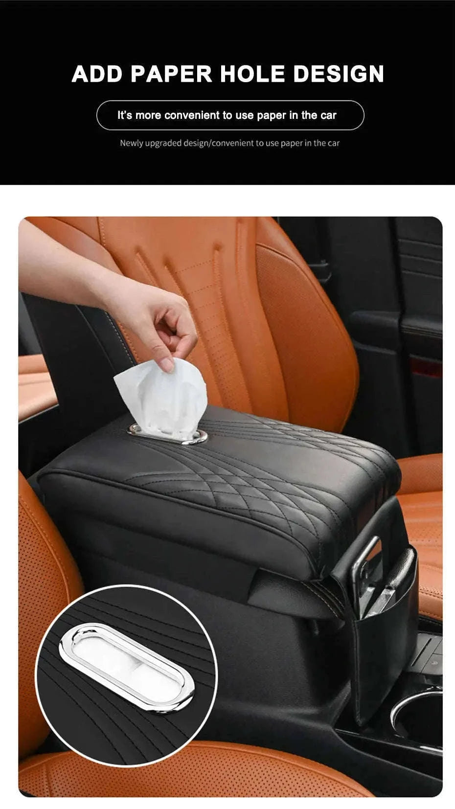 Car Armrest Cushion with Tissue Holder and Storage Pocket-Black