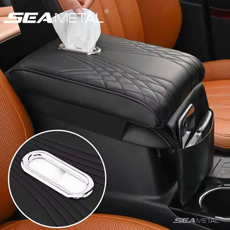 Car Armrest Cushion with Tissue Holder and Storage Pocket-Black