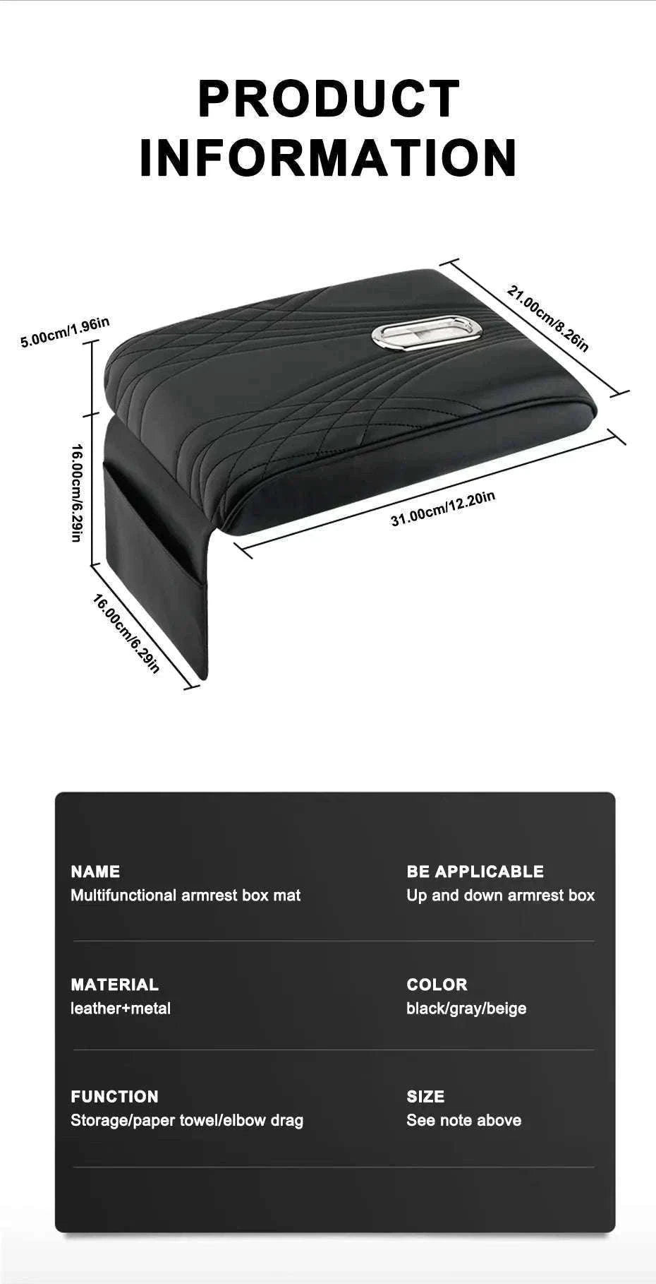 Car Armrest Cushion with Tissue Holder and Storage Pocket-Black