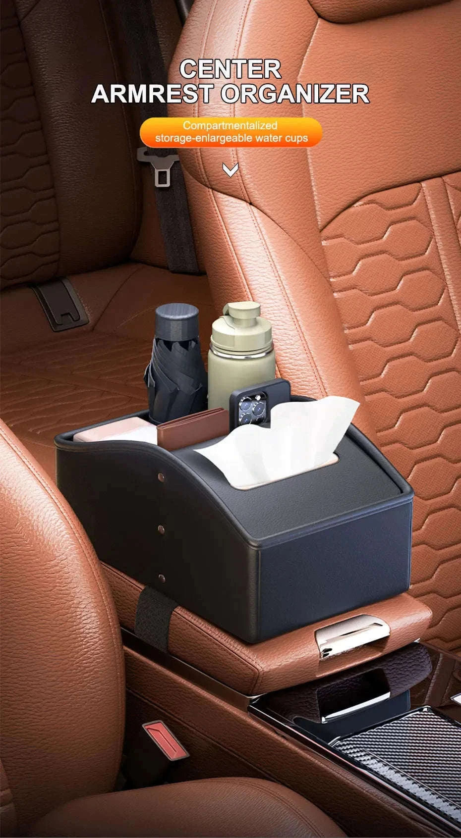 Car Armrest Storage Box with Tissue Holder-Red
