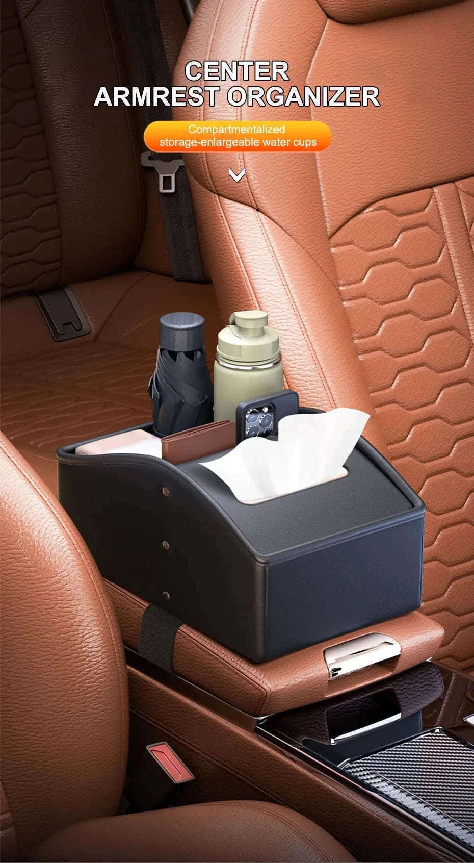 Car Armrest Storage Box with Tissue Holder-Red