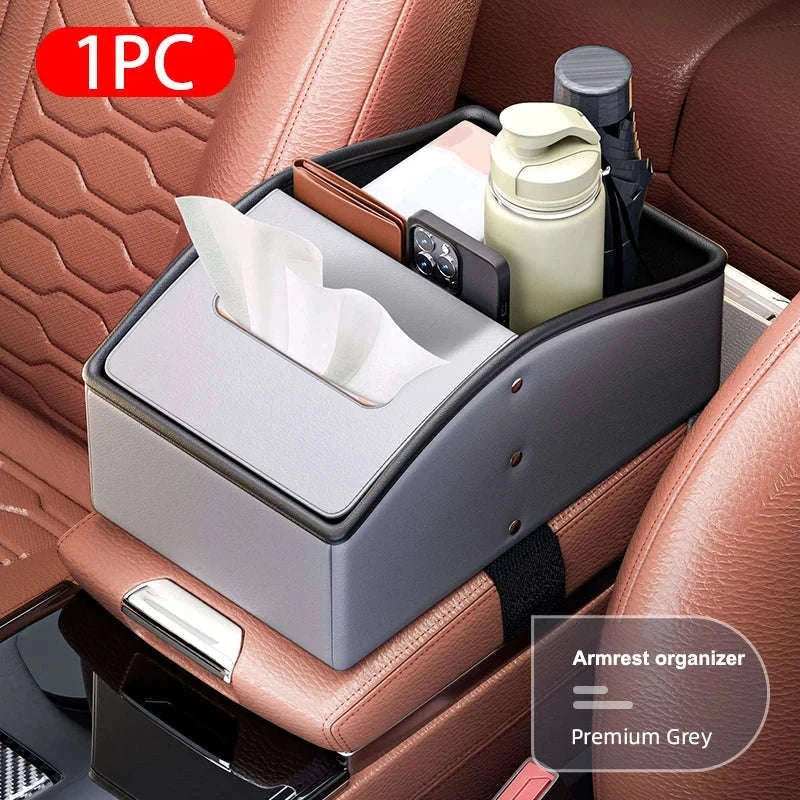 Car Armrest Storage Box with Tissue Holder-Red