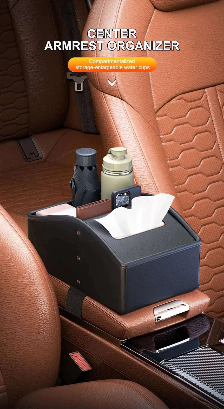 Car Armrest Storage Box with Tissue Holder-Red