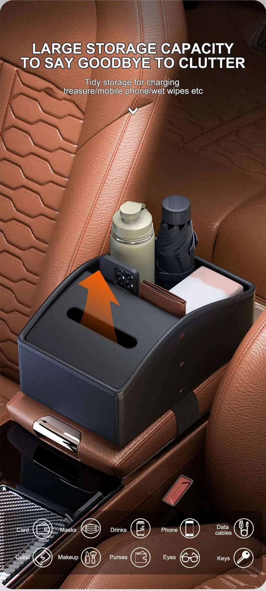 Car Armrest Storage Box with Tissue Holder-Red