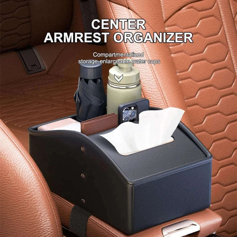 Car Armrest Storage Box with Tissue Holder-Red