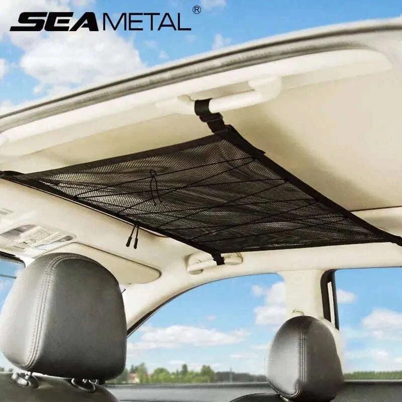 Car Ceiling Storage Net Pocket 80cm x 55cm Hanging Polyester Mesh Organizer with Zipper-1pc Ceiling Pocket