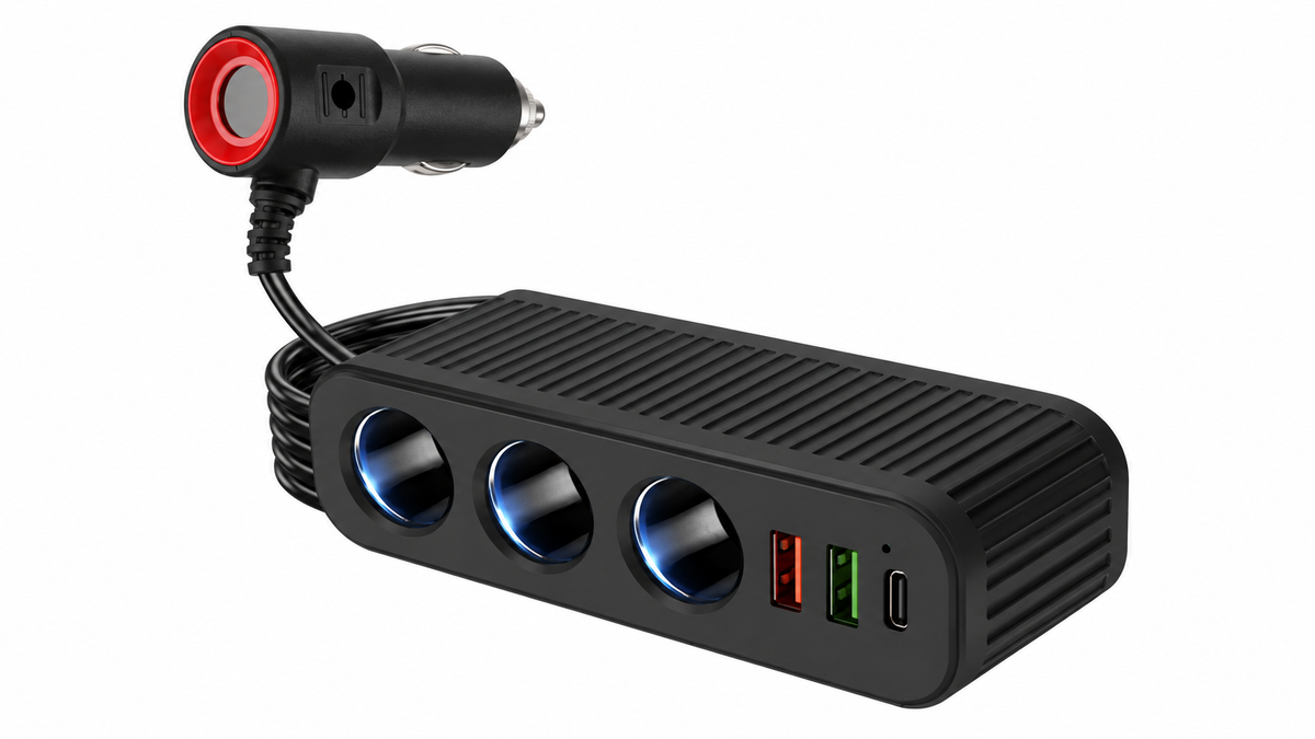 Black car power splitter with three sockets and USB ports on a white background