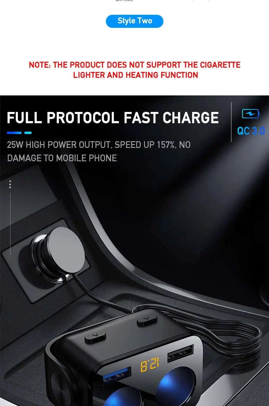 Car Cigarette Lighter Adapter with Dual USB and Dual Socket-Type 2 Black