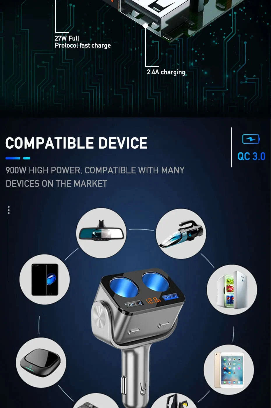 Car Cigarette Lighter Adapter with Dual USB and Dual Socket-Type 2 Black