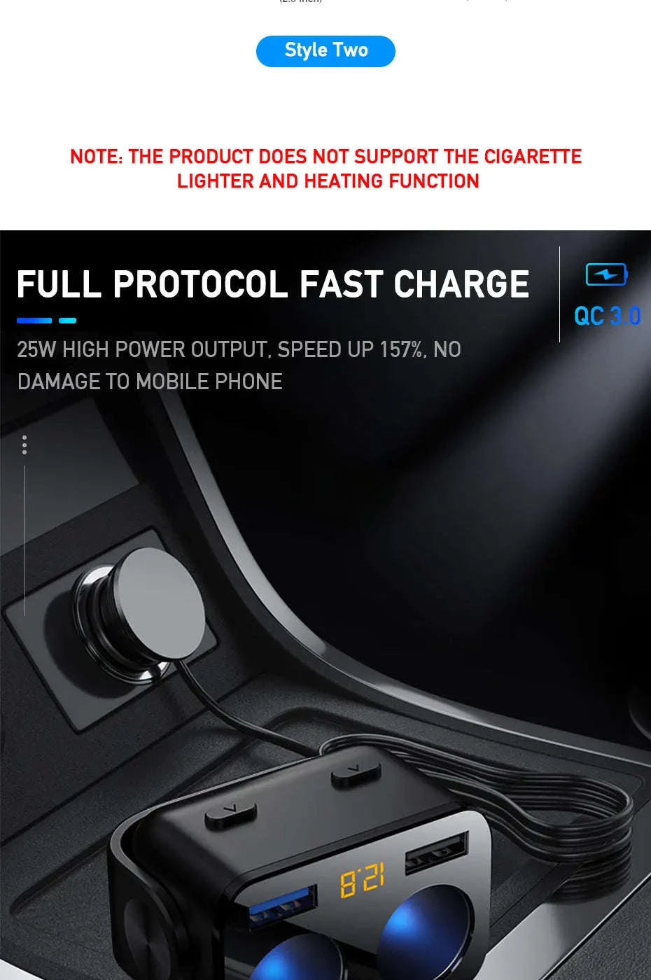Car Cigarette Lighter Adapter with Dual USB and Dual Socket-Type 2 Black