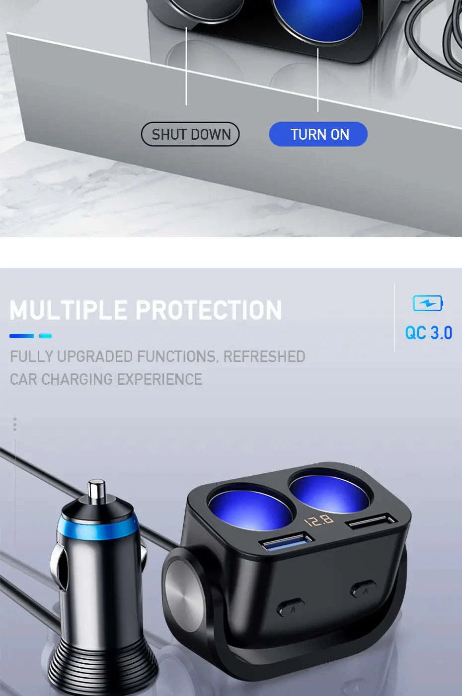 Car Cigarette Lighter Adapter with Dual USB and Dual Socket-Type 2 Black
