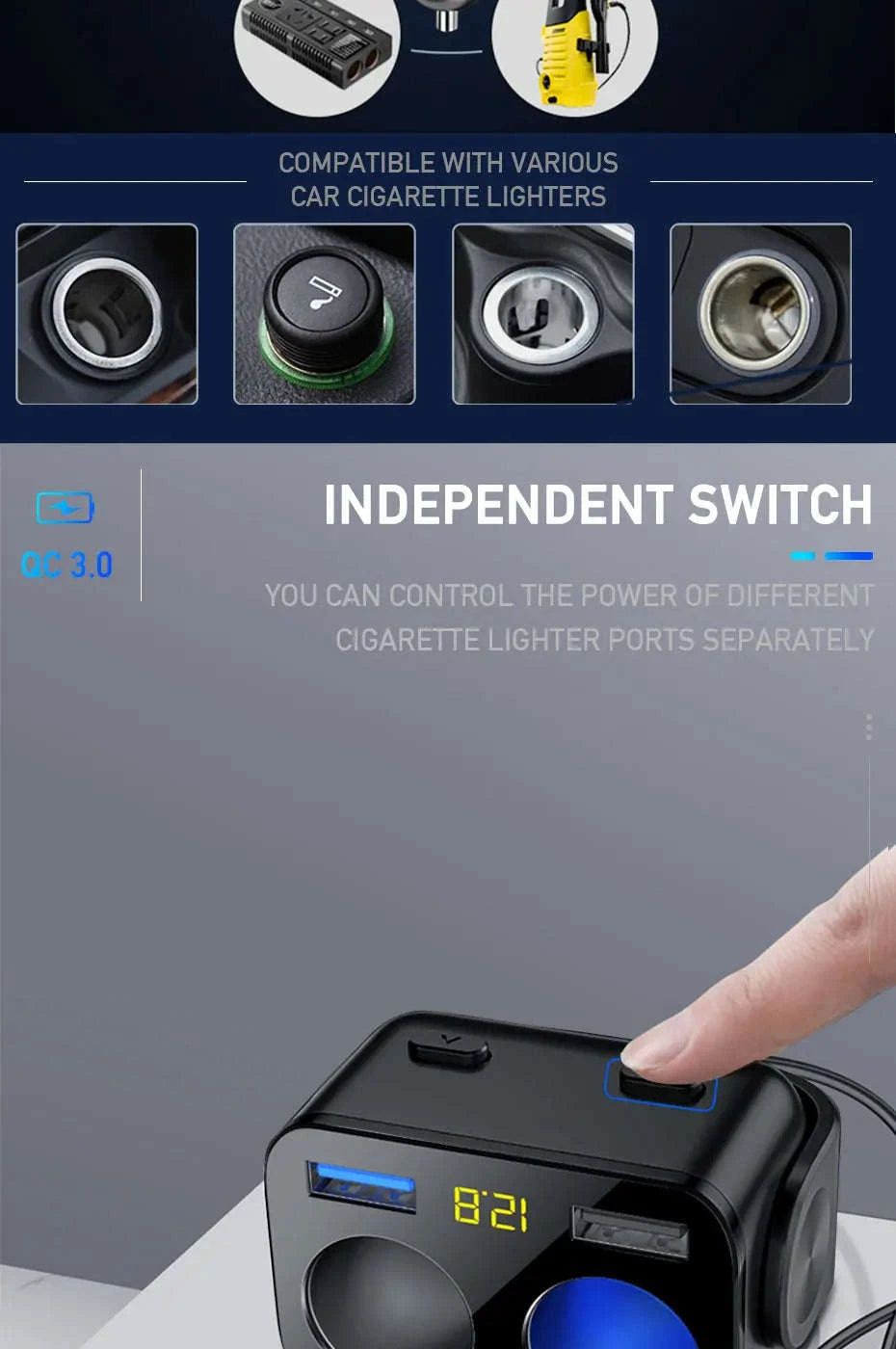 Car Cigarette Lighter Adapter with Dual USB and Dual Socket-Type 2 Black