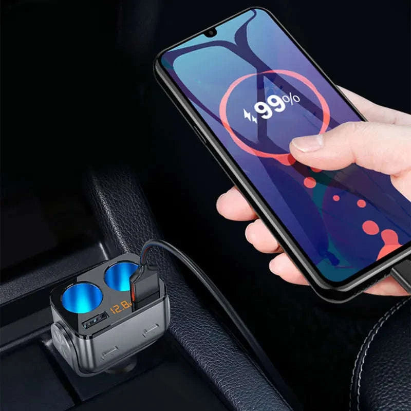 Car Cigarette Lighter Adapter with Dual USB and Dual Socket-Type 2 Black