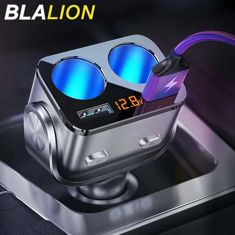 Car Cigarette Lighter Adapter with Dual USB and Dual Socket-Type 2 Black