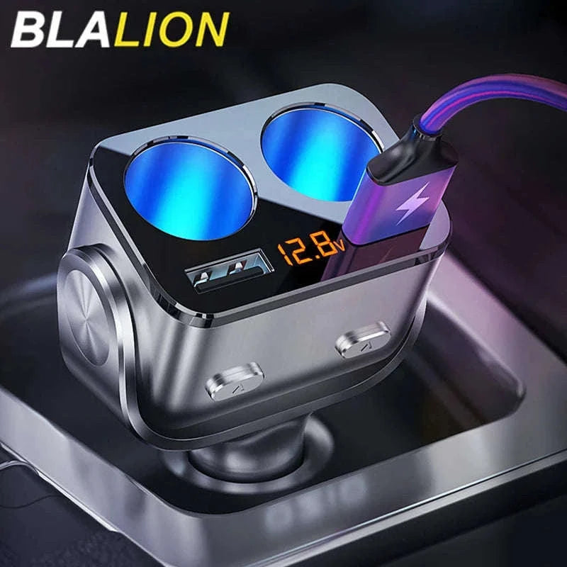 Car Cigarette Lighter Adapter with Dual USB and Dual Socket-Type 2 Black