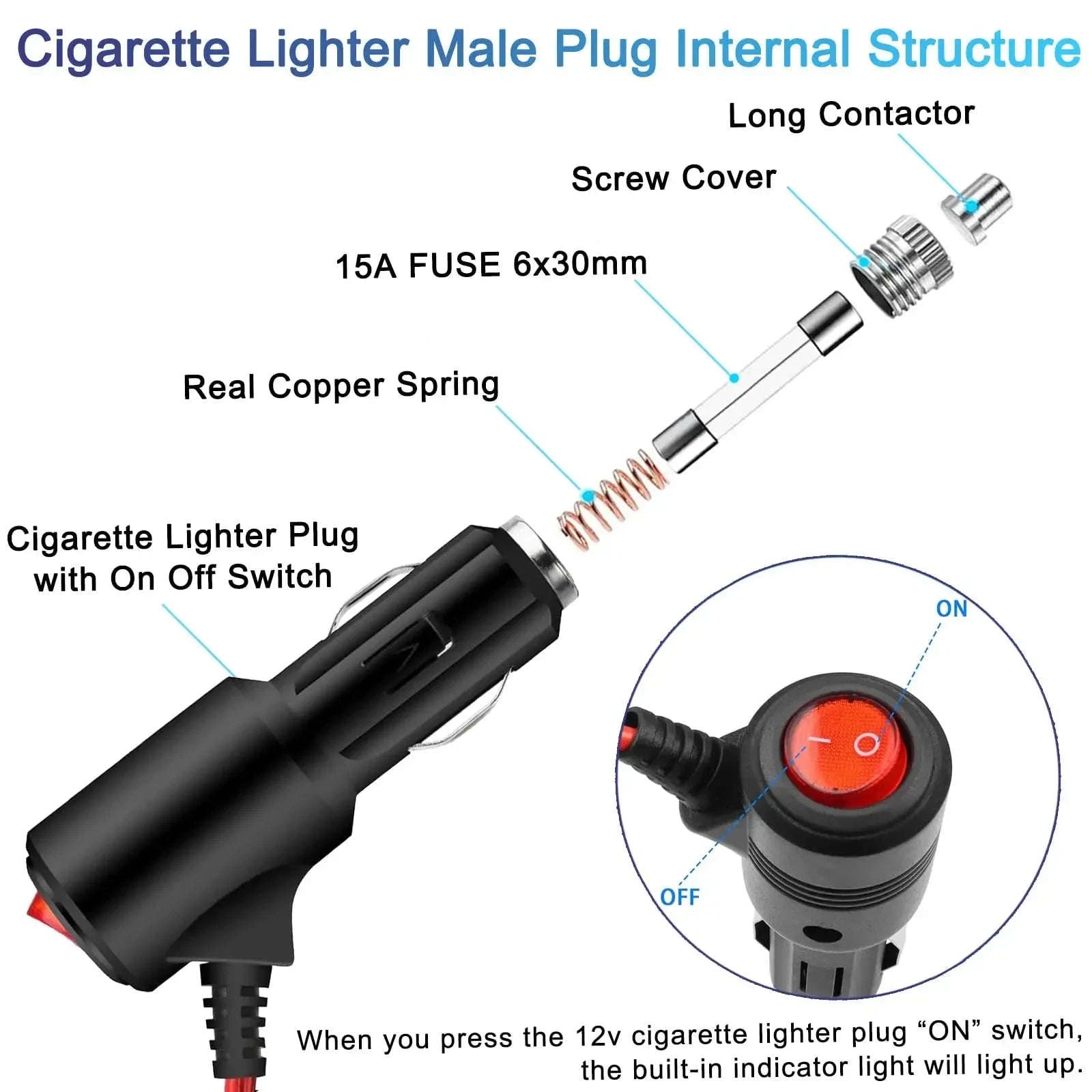 Car Cigarette Lighter Extension Cord with On/Off Switch-Black-S-6FT