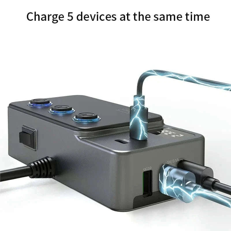 Car Cigarette Lighter Splitter Adapter with Multi-Port USB Charging-B