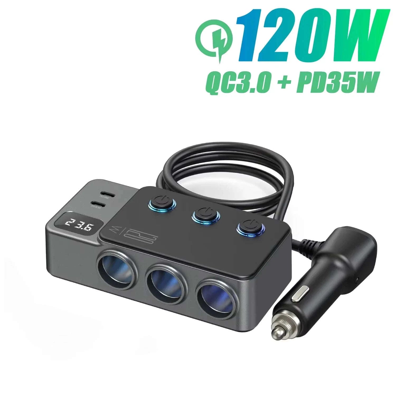 Car Cigarette Lighter Splitter Adapter with Multi-Port USB Charging-B