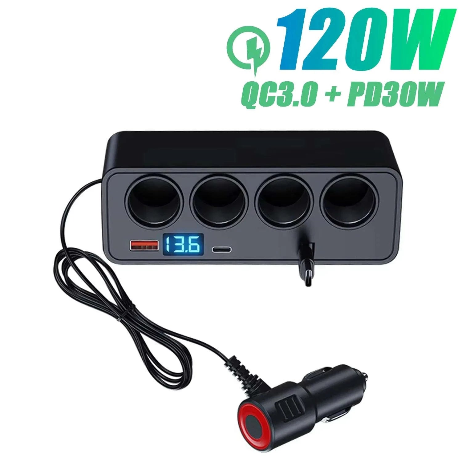 Car Cigarette Lighter Splitter Adapter with Multi-Port USB Charging-B
