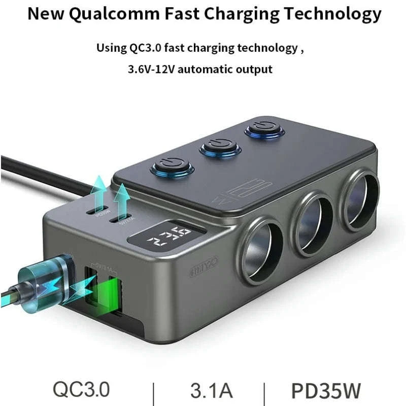 Car Cigarette Lighter Splitter Adapter with Multi-Port USB Charging-B