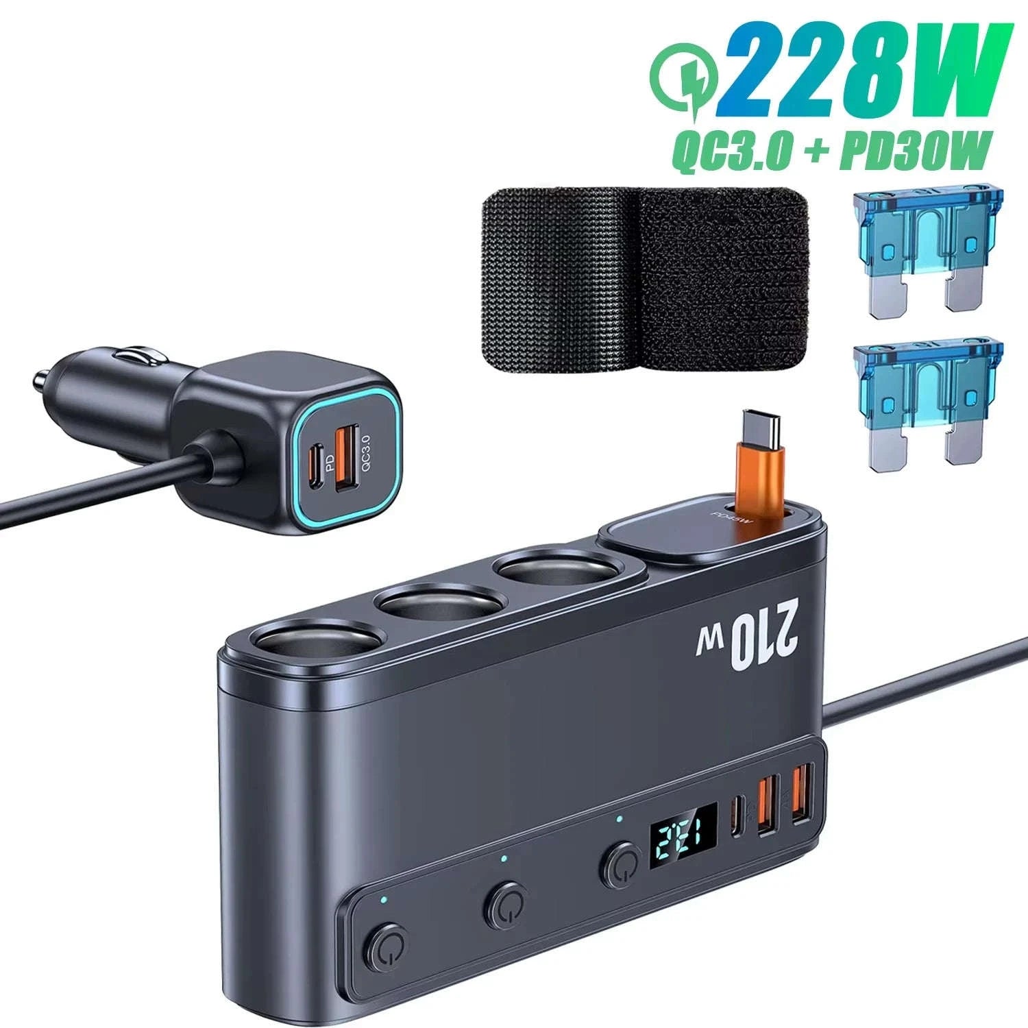 Car Cigarette Lighter Splitter Adapter with Multi-Port USB Charging-B