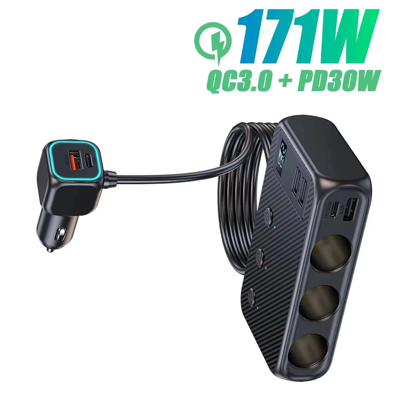 Car Cigarette Lighter Splitter Adapter with Multi-Port USB Charging-B