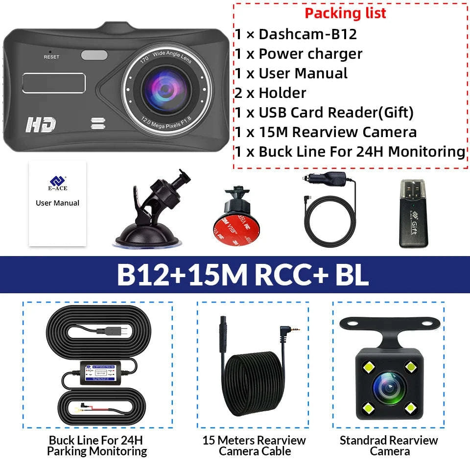 Car Dash Cam 1080P HD Front & Rear Touch Screen Night Vision DVR-B12-6M RCC / None