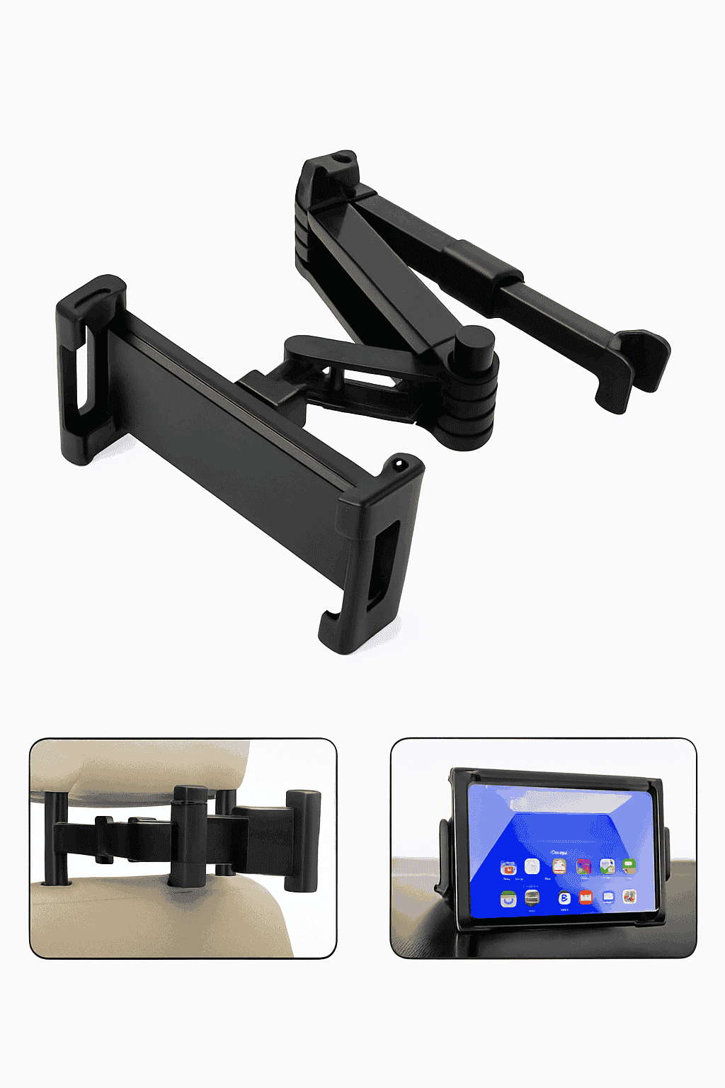 Car Headrest Tablet Holder 360-Degree Rotation Universal 4.7-12.9 Inch Tablet Phone Mount-Black