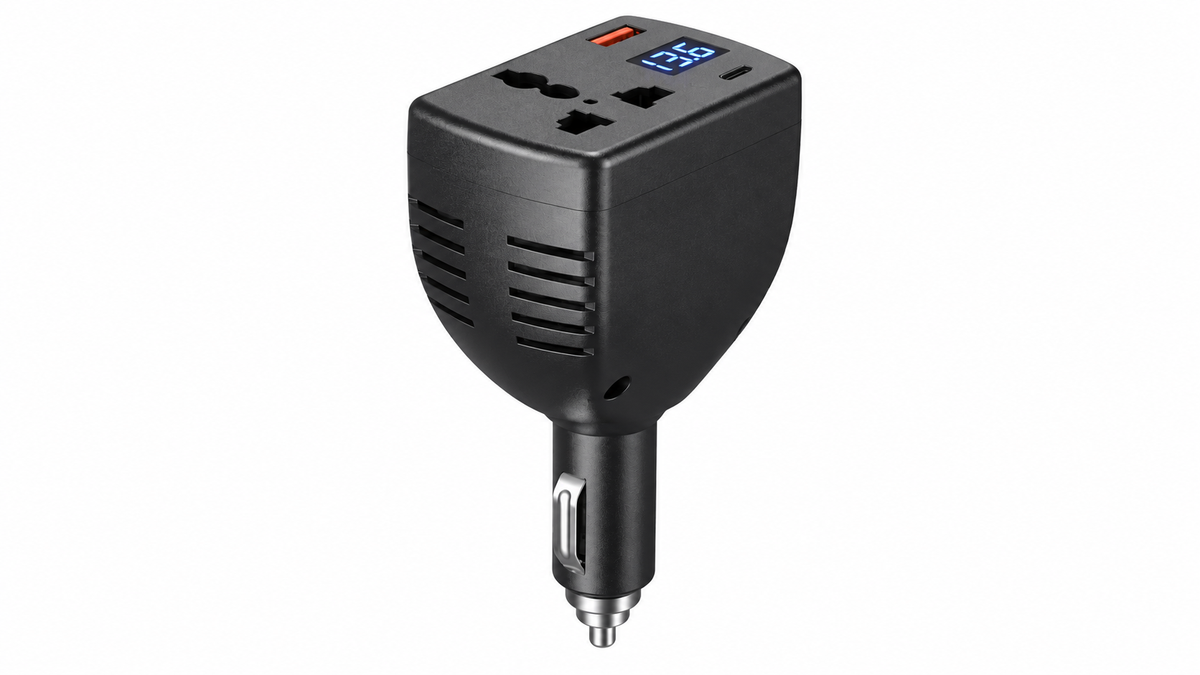 Black car power inverter with digital display on a white background