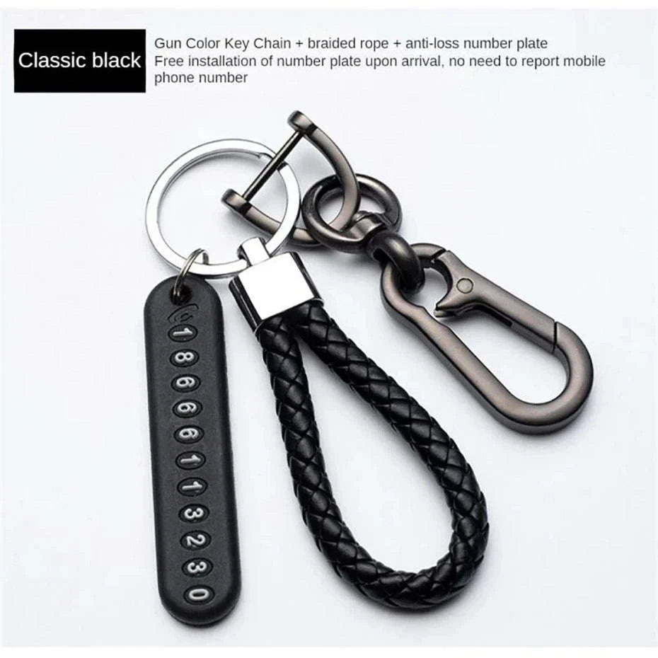 Car Key Ring with Phone Number Plate and Braided Rope-Black