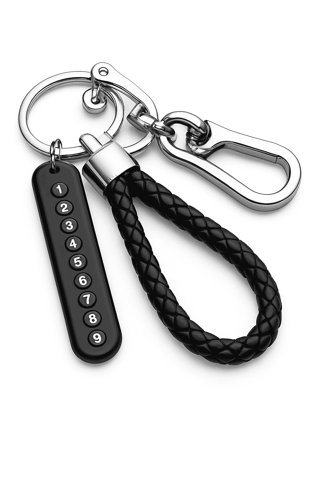 Car Key Ring with Phone Number Plate and Braided Rope-Black