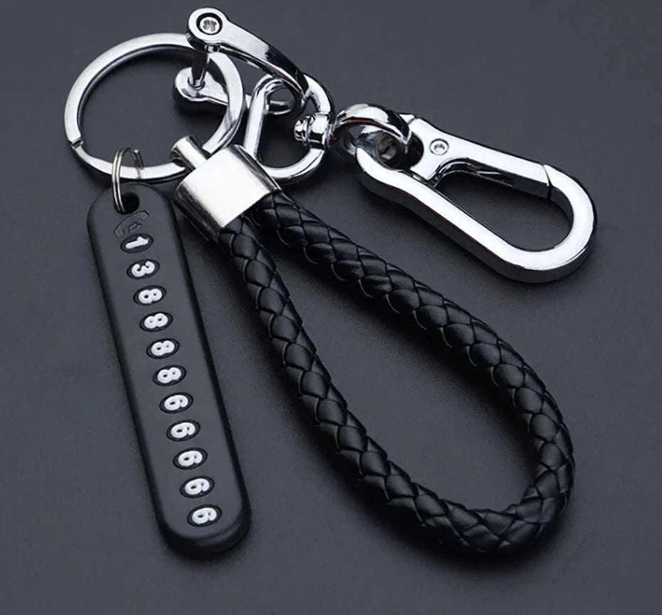 Car Key Ring with Phone Number Plate and Braided Rope-Black