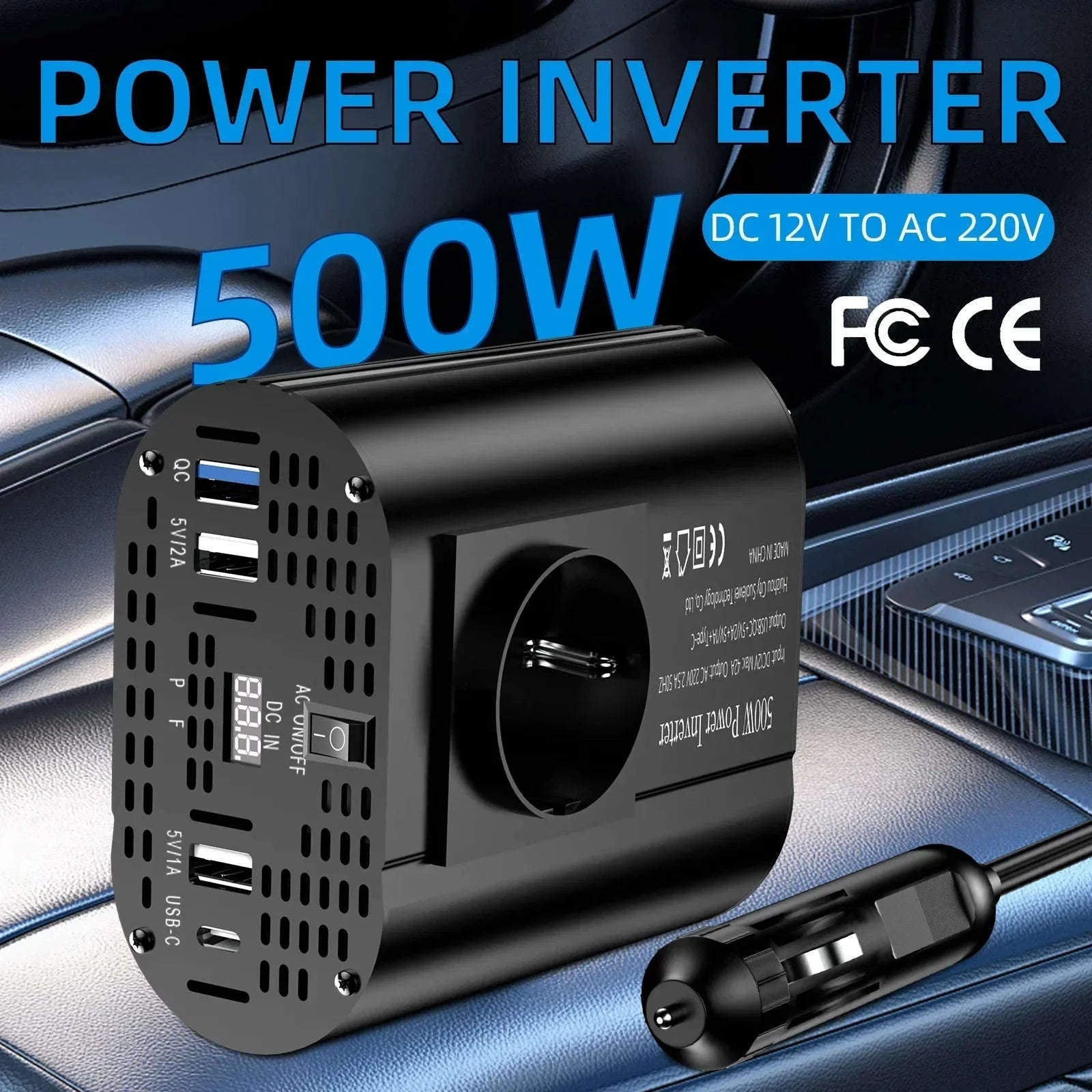 Car Power Inverter 12V to 220V with 3 USB Ports and European Socket-400W-BLACK
