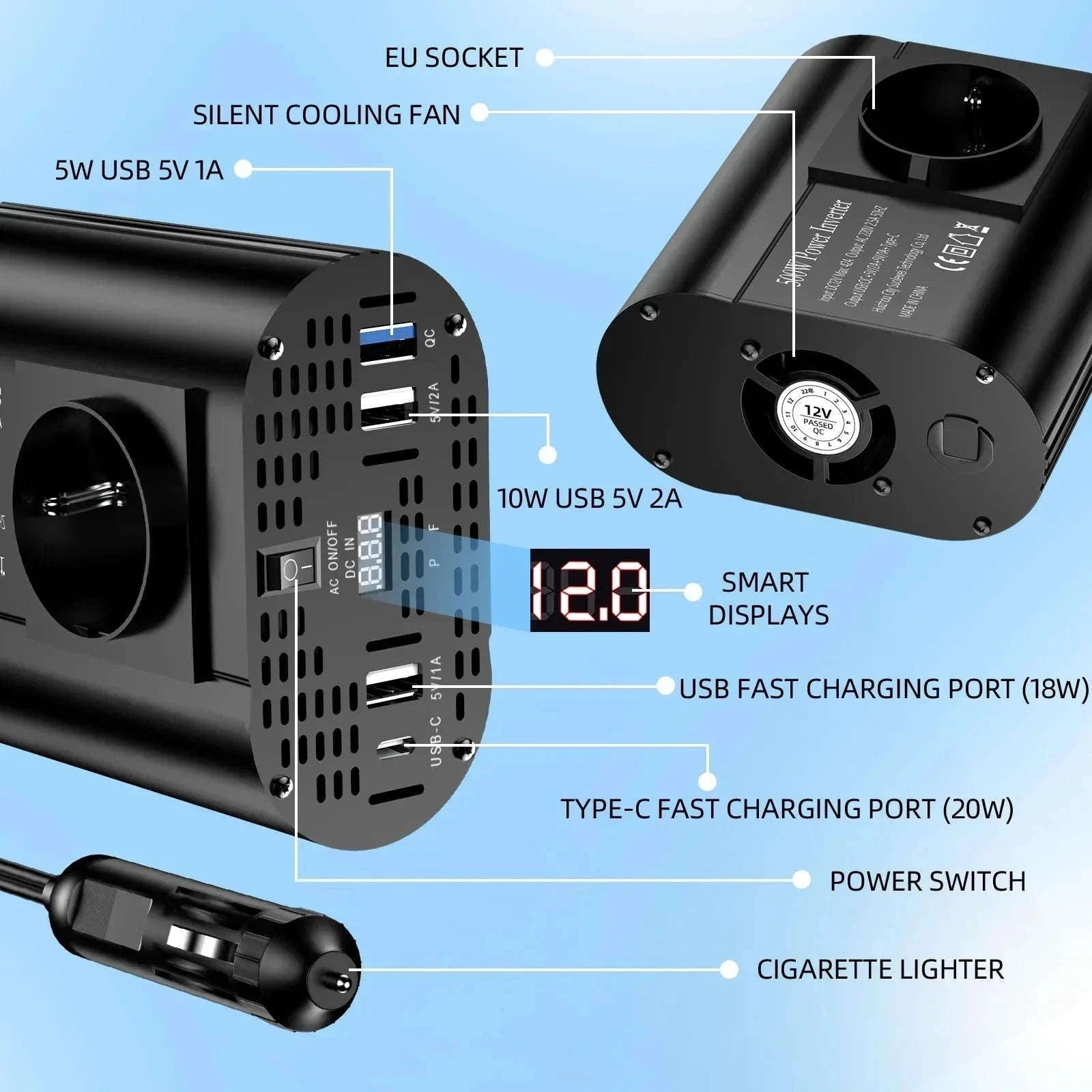 Car Power Inverter 12V to 220V with 3 USB Ports and European Socket-400W-BLACK