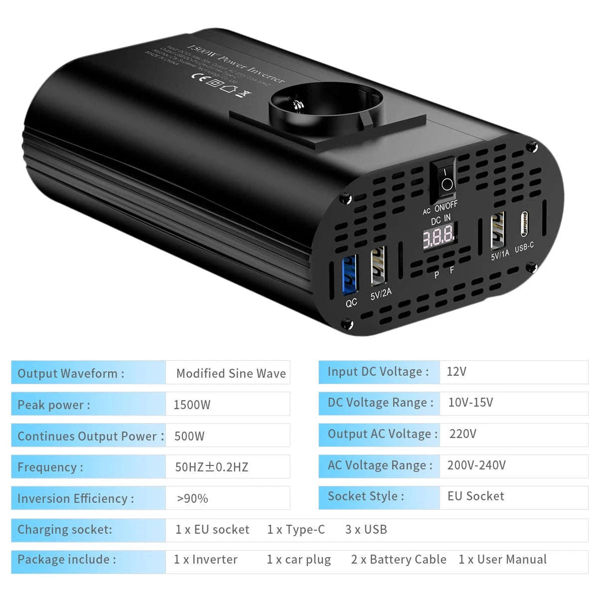 Car Power Inverter 12V to 220V with 3 USB Ports and European Socket-400W-BLACK