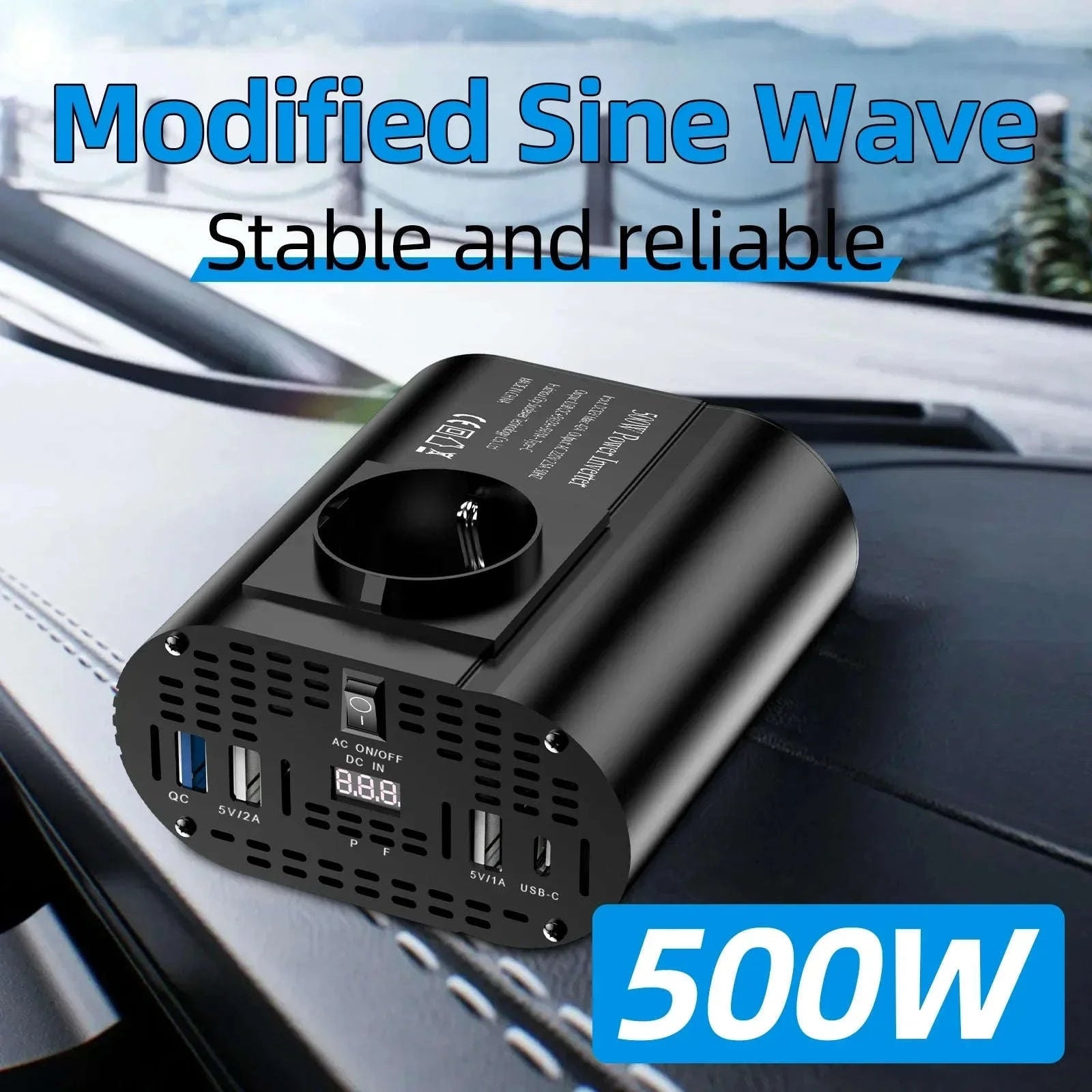 Car Power Inverter 12V to 220V with 3 USB Ports and European Socket-400W-BLACK