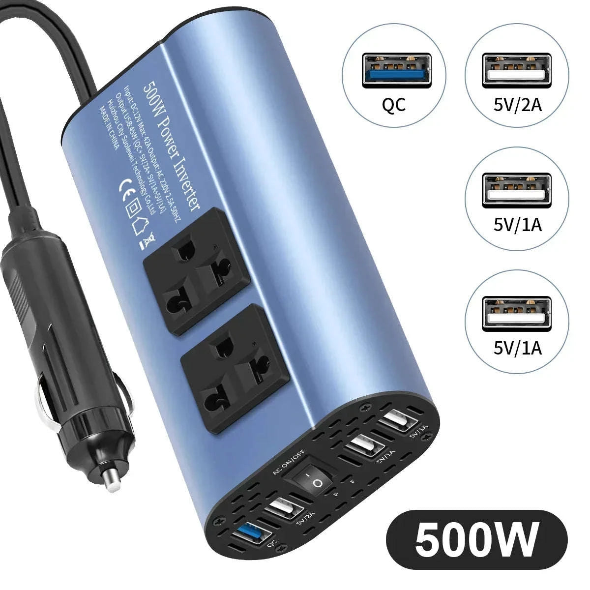 Car Power Inverter 12V to 220V with 3 USB Ports and European Socket-400W-BLACK
