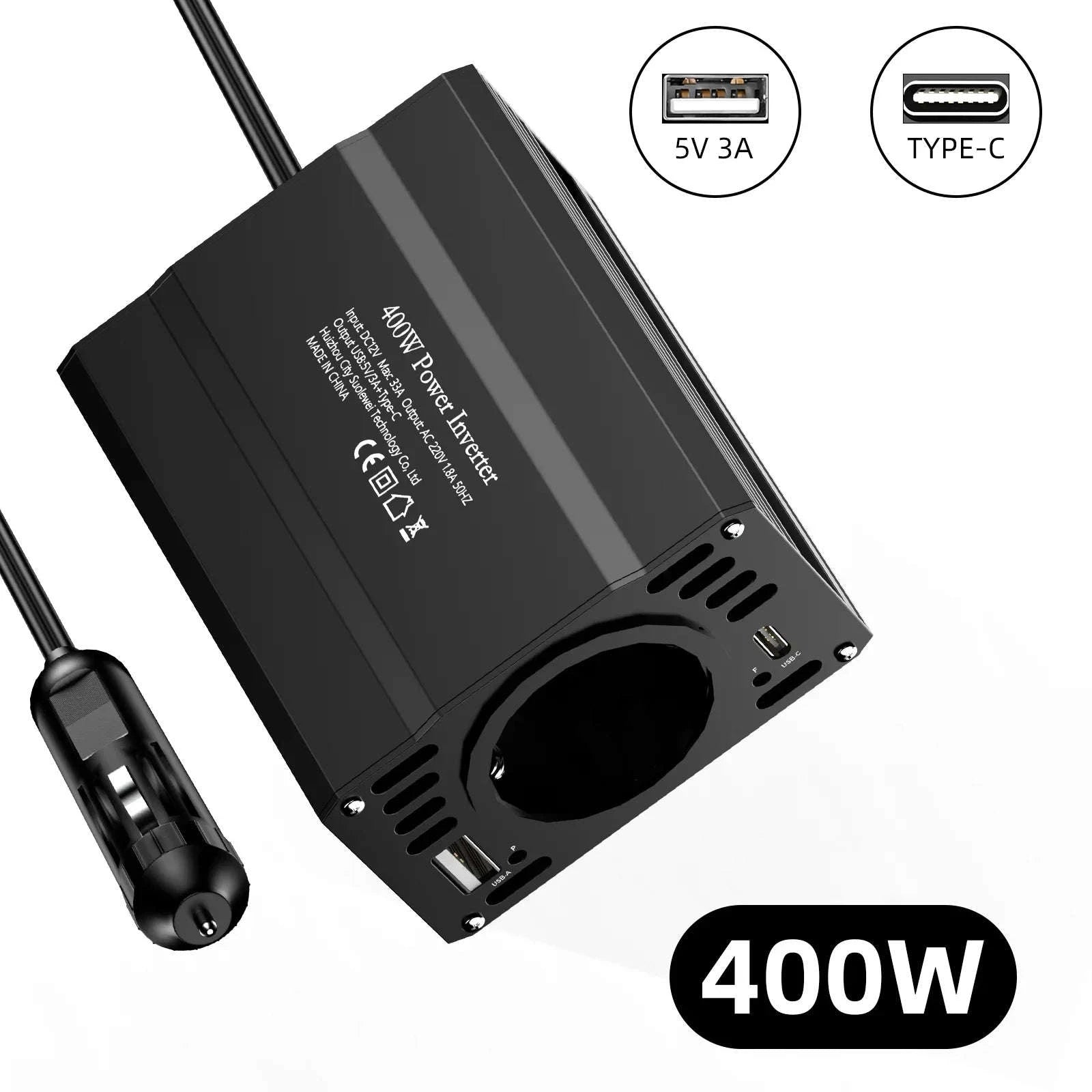 Car Power Inverter 12V to 220V with 3 USB Ports and European Socket-400W-BLACK
