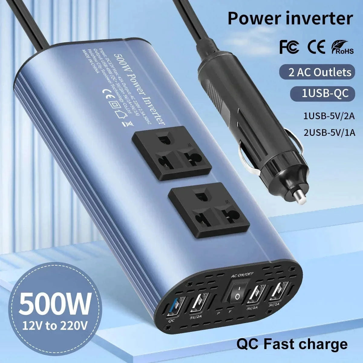 Car Power Inverter 12V to 220V with 3 USB Ports and European Socket-400W-BLACK