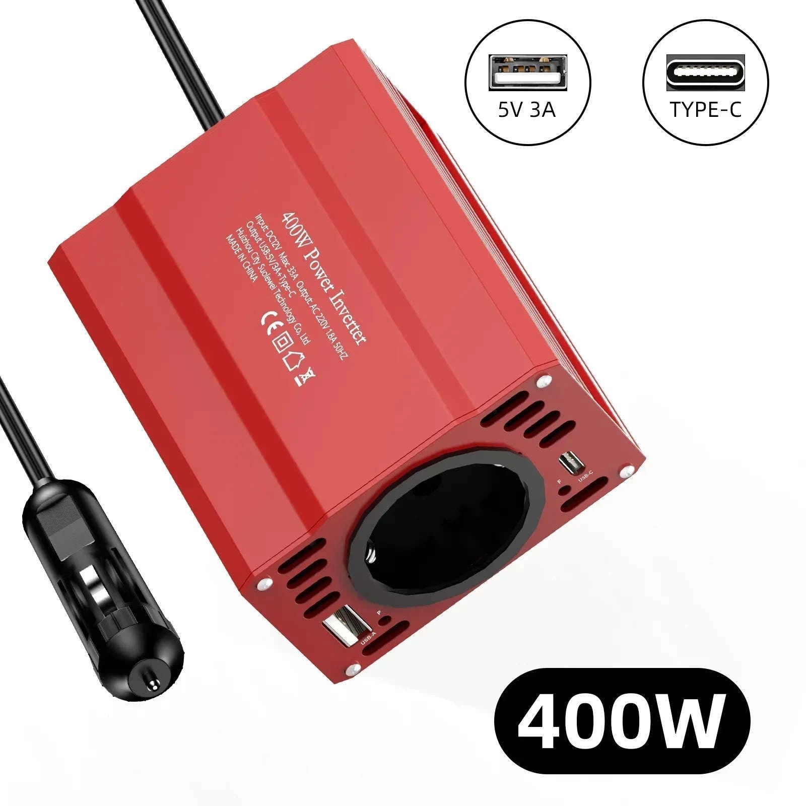 Car Power Inverter 12V to 220V with 3 USB Ports and European Socket-400W-BLACK