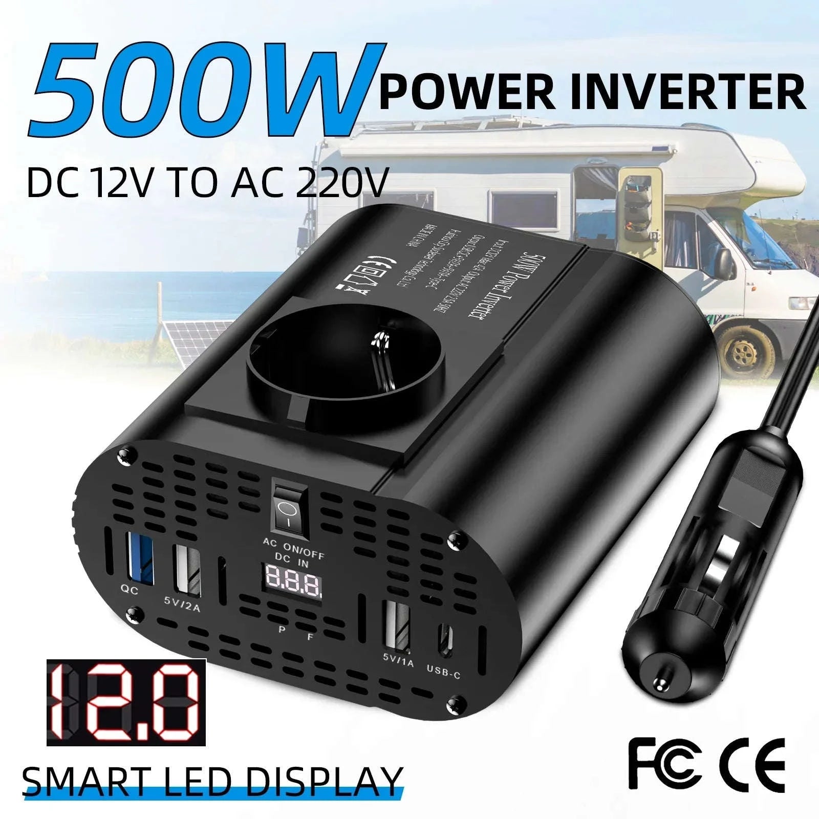 Car Power Inverter 12V to 220V with 3 USB Ports and European Socket-400W-BLACK