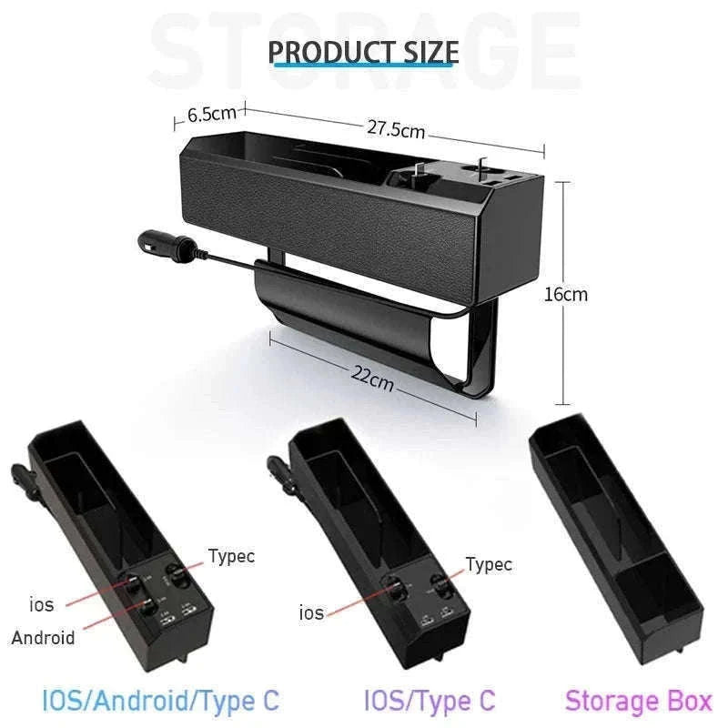 Car Seat Gap Storage Box with Charging Cable and Dual USB Ports-3 cables x 1pc