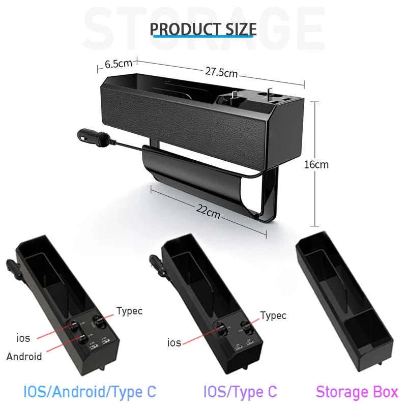 Car Seat Gap Storage Box with Charging Cable and Dual USB Ports-3 cables x 1pc