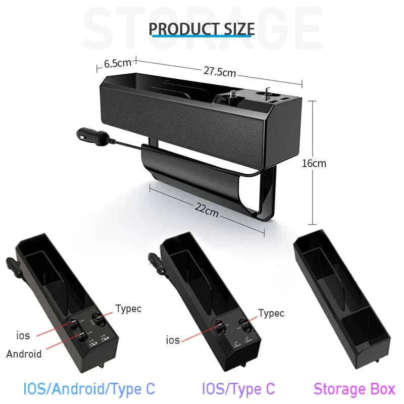 Car Seat Gap Storage Box with Charging Cable and Dual USB Ports-3 cables x 1pc