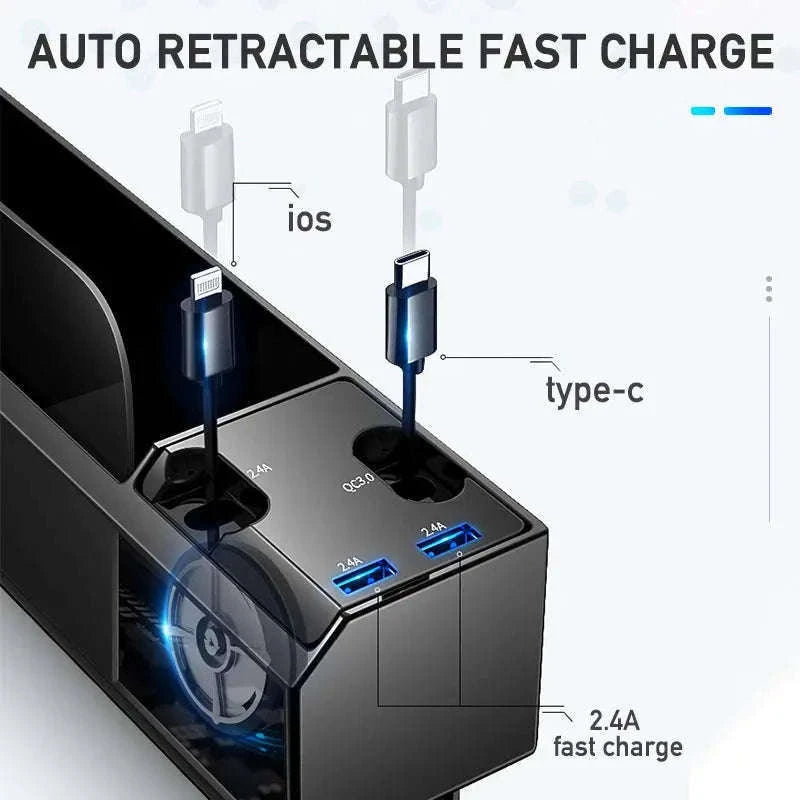 Car Seat Gap Storage Box with Charging Cable and Dual USB Ports-3 cables x 1pc