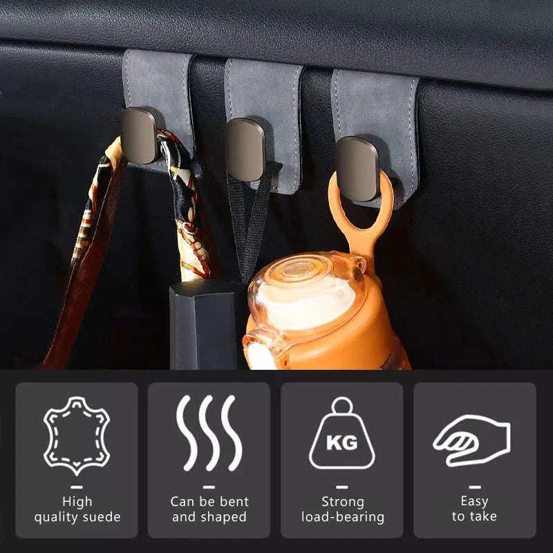 Car Seat Hook Hanger for Bag, 15kg Capacity, Suede and Alloy-Dual hooks-black