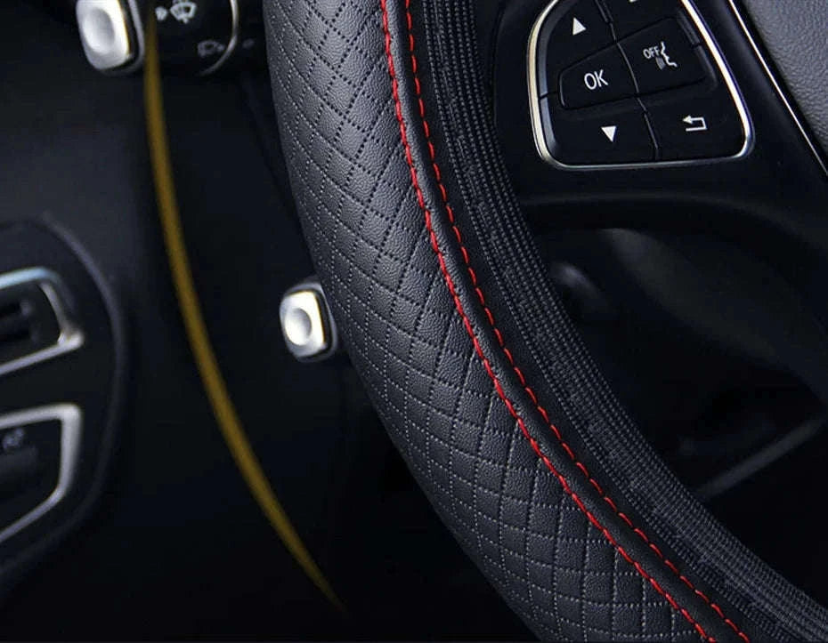 Car Steering Wheel Cover Anti-Slip PU Leather Universal 37-39cm-Black Blue