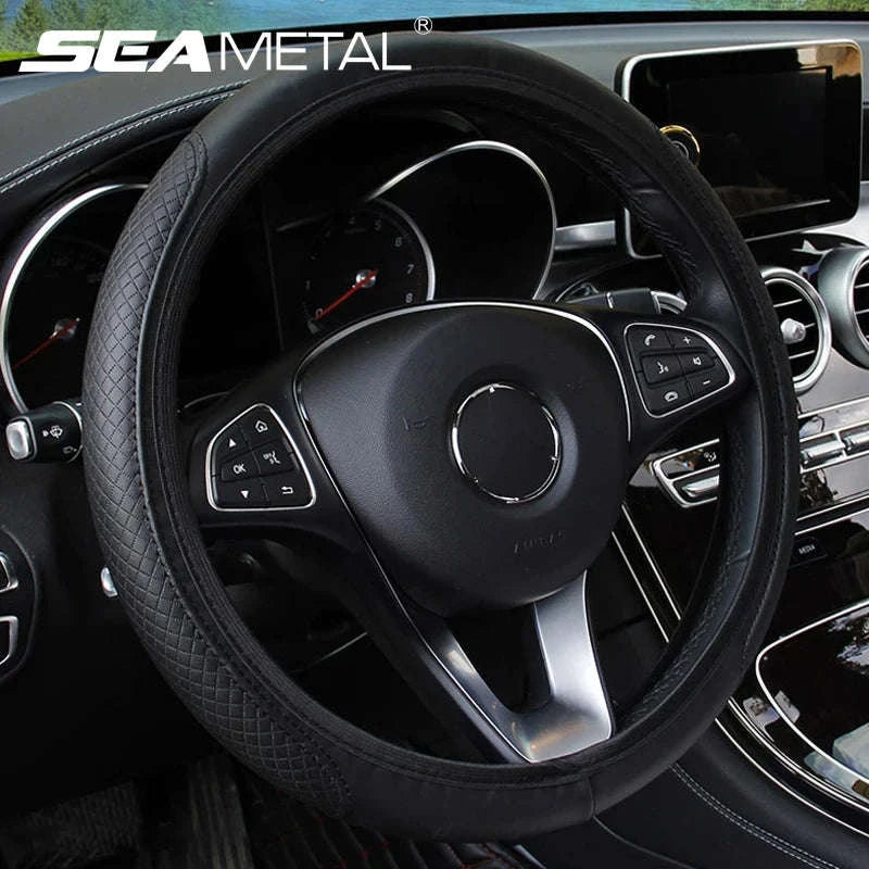 Car Steering Wheel Cover Anti-Slip PU Leather Universal 37-39cm-Black Blue
